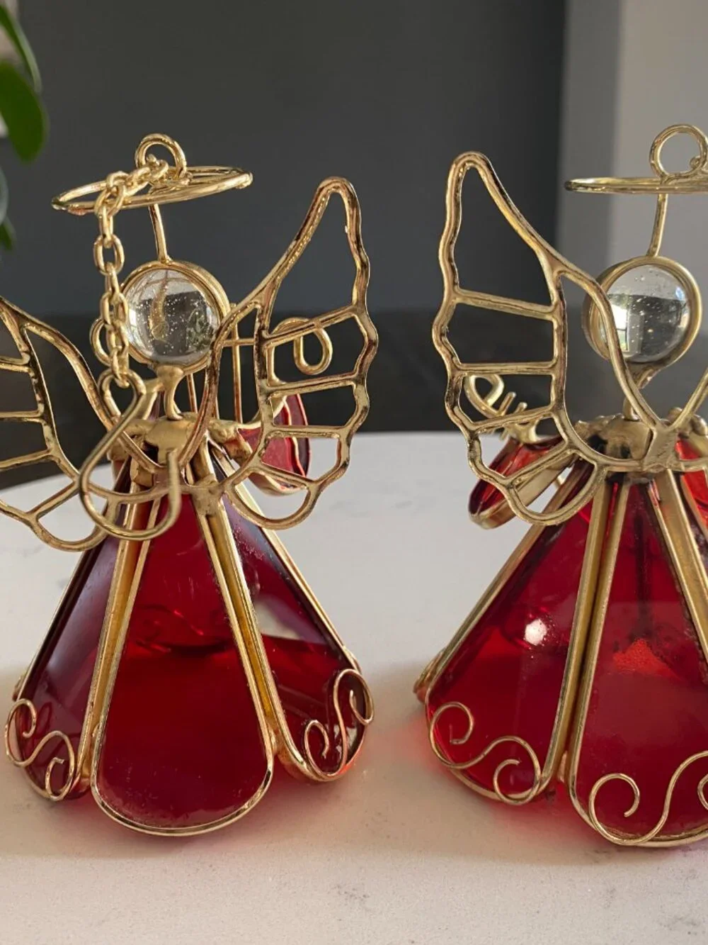 Vintage Brass Wire Angel Ornaments Set of 2 Red Glass Skirt Harp Christmas
